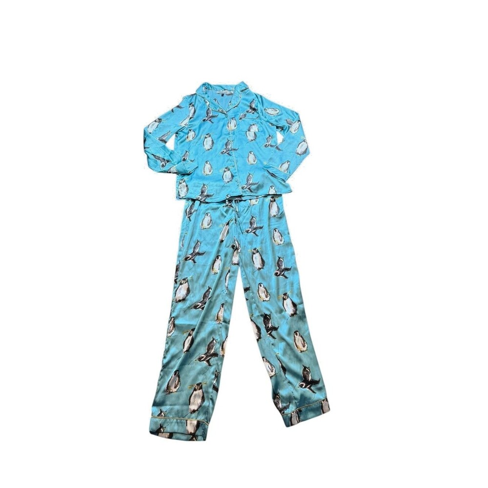 Their Nibs Pajama Set Women Size Small Blue Satin Button Long Sleeve Penguins